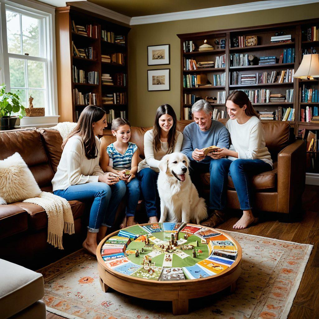 A heartwarming scene depicting a diverse family gathered in a cozy living room, engaging in supportive activities like board games and group discussions. In the background, shelves brimming with books and resources symbolize knowledge and growth. Warm, soft lighting enhances the inviting atmosphere, and a sense of connection and love fills the air. Include playful pets to represent joy and companionship. super-realistic. vibrant colors. cozy atmosphere.