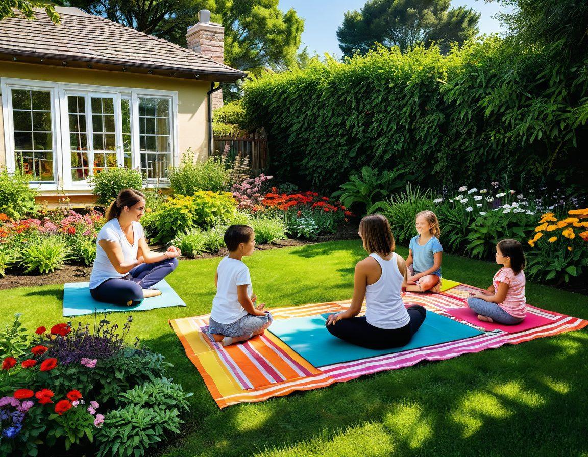 A warm and inviting family gathering in a sunny garden, featuring parents, children, and pets engaged in various wellness activities like yoga, gardening, and cooking healthy meals together. The setting is adorned with colorful flowers, fresh produce, and playful elements that symbolize harmony and health, creating a joyful atmosphere. Use bright, uplifting colors to convey a sense of positivity and togetherness. super-realistic. vibrant colors. natural setting.