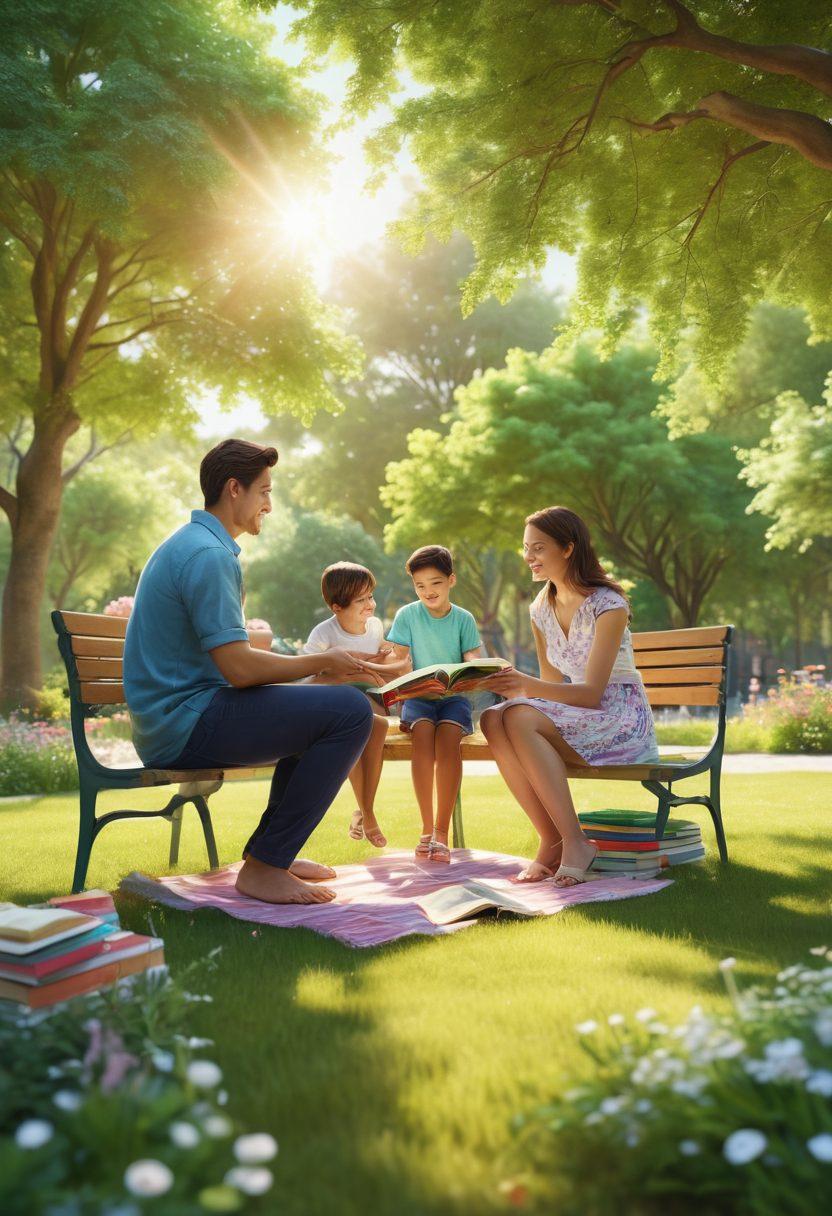 A serene family setting with parents engaging joyfully with their children in a sunlit park, surrounded by books and resources symbolizing support and guidance. The scene captures laughter and love, emphasizing healthy relationships, with soft pastel colors and gentle, calming elements like trees and flowers. super-realistic. vibrant colors. 3D.
